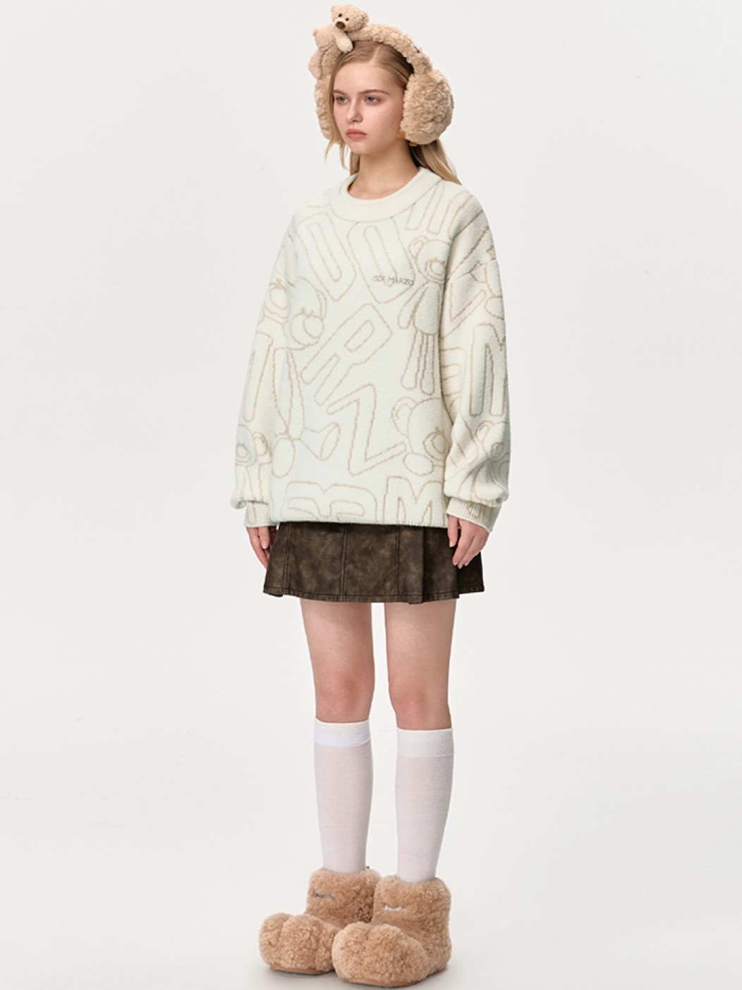 Áo gấu thời trang 13DE Marzo Bear Logo Sketch Jumper Beige 2